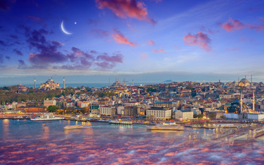 Canvas Print - Ramadan Kareem background, sunset view of Istanbul from Galata tower