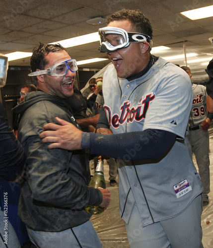 Detroit Tigers Miguel Cabrera Celebrates In The Locker Room