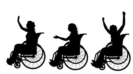 Poster - Vector silhouette of woman on wheelchair on white background.