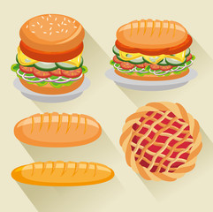 Sticker - Burger, sandwich, bread and pie over white background. Vector illustration