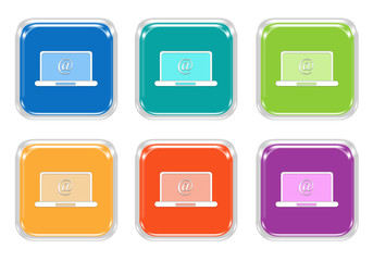 Wall Mural - set of squared colorful buttons with computer symbol in blue, green, yellow, orange and purple color