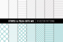 Polka Dot And Diagonal And Horizontal Stripes Vector Patterns In Aqua Blue, White And Silver Grey. Modern Neutral Backgrounds. Various Size Spots And Lines. Pattern Tile Swatches Included.