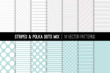 Wall Mural - Polka Dot and Diagonal and Horizontal Stripes Vector Patterns in Aqua Blue, White and Silver Grey. Modern Neutral Backgrounds. Various Size Spots and Lines. Pattern Tile Swatches Included.