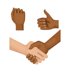 Canvas Print - Afro american and caucasian people holding hands, fist and thumb up over white background. Vector illustration.