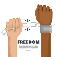 Canvas Print - Caucasian person breaking a chain on afro american person wrist over white background. Vector illustration.