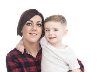 Happy young mother and child against white background