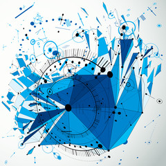 Poster - 3d engineering technology vector backdrop with low poly demolished object and wireframe. Blue mechanical scheme, dimensional abstract industrial design can be used as website background.