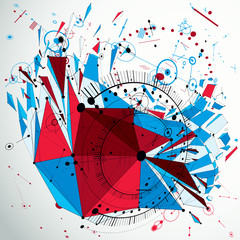Poster - Dimensional mechanical scheme, colorful futuristic vector engineering drawing created with circles and connected lines. 3d cybernetic tech background made using low poly object with splinters.