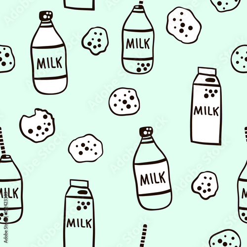 seamless-pattern-with-cute-milk-bottle-character-and-cookies-in-black-and-white-style-creative-vector-childish-mint-background-for-fabric-textile