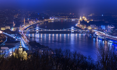 Night aerial panorama of Budapest, popular tourist destination in Europe, Hungary