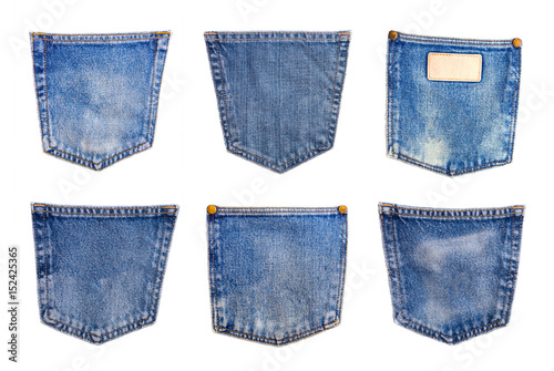 Fotografía collection of Denim blue jeans pocket isolated on white background
