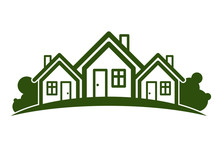 Abstract Vector Illustration Of Country Houses With Horizon Line. Village Theme Picture – Green House. Simple Buildings On Nature Background, Graphic Emblem For Advertising And Real Estate.