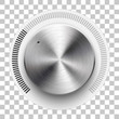 Audio volume knob, technology music button template, with metal circular brushed texture, chrome, silver, steel and realistic shadow for design concepts, web, interfaces, UI, apps. Vector Illustration