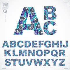 Poster - Ecology style flowery font, blue vector typeset made using natural ornament. Alphabet capital letters created with spring leaves and floral design.