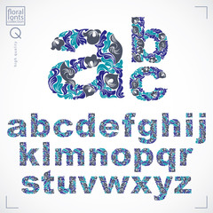 Poster - Floral font, hand-drawn vector lowercase alphabet letters decorated with botanical pattern. Blue ornamental typescript, vintage design lettering.