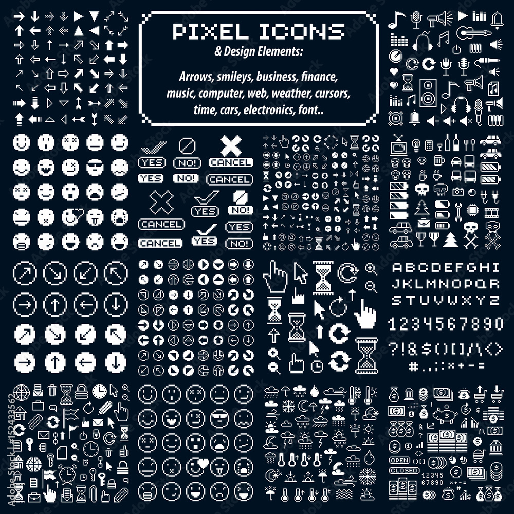 Pixel Text Sign Set of vector retro signs made in pixel art style. Different geometric ...