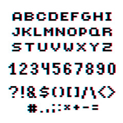 Poster - Vector modern numbers, letters and punctuation marks created in technology style. Geometric pixilated digits and font, 3d dotted 8 bit numeration from 0 to 9.