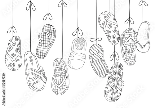 Download Background with hanging beach shoes. Hand drawn set of ...