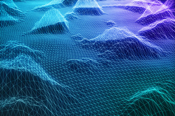 Poster - 3D illustration abstract digital wireframe landscape. Cyberspace landscape grid. 3d technology. Abstract internet connection in cloud computing, communications network blue landscape