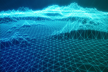 Poster - 3D illustration abstract digital wireframe landscape. Cyberspace landscape grid. 3d technology. Abstract internet connection in cloud computing, communications network blue landscape