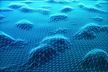 Poster - 3D illustration abstract digital wireframe landscape. Cyberspace landscape grid. 3d technology. Abstract internet connection in cloud computing, communications network blue landscape