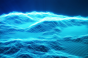Poster - 3D illustration landscape background. Cyberspace landscape grid. 3d technology. Abstract blue landscape on black background with light rays.