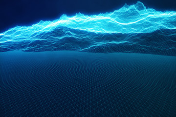 Poster - 3D illustration concept internet connections in cloud computing. Cyberspace landscape grid. 3d technology. Abstract blue landscape on black background with light rays.