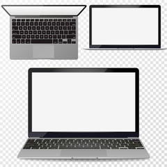 Poster - Vector Realistic silver laptop front and top view. set .with transparent shadow.
