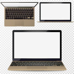 Poster - Vector Realistic gold laptop front and top view. set .with transparent shadow.