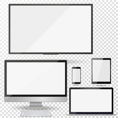 Wall Mural - Set of realistic TV, lcd, led, computer monitor, laptop, tablet and mobile phone with empty white screen. Various modern electronic gadget on isolate background. Vector illustration EPS10