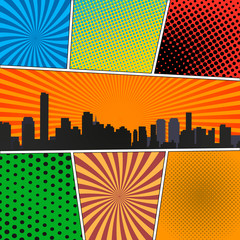 Poster - Comic book page template with radial backgrounds, halftone effects and city silhouette in pop-art style.