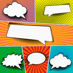 Aufkleber - Comic book page template in pop-art style. Colorful background with speech bubbles, balloons, sound, radial, dotted and halftone effects