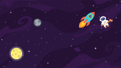 space flat vector background with astronaut, rocket, spaceship, moon, planets and stars. space for y