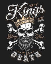 Quote Typography With Black And White King Skull In Golden Crown With Beard On Dark Background