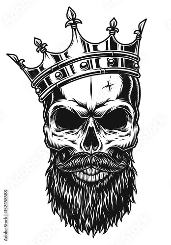 Illustration of black and white skull in crown with beard isolated on white b...