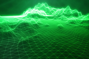 Poster - 3D illustration abstract green landscape bacgkround. Cyberspace grid. Concept internet connections in cloud computing.