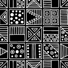 Wall Mural - Seamless vector pattern. Black and white geometrical background with hand drawn decorative tribal elements. Print with ethnic, folk, traditional motifs. Graphic vector illustration.