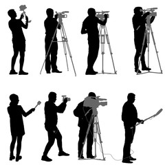 Wall Mural - Set cameraman with video camera. Silhouettes on white background