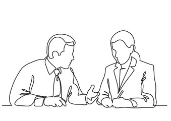 Poster - sitting businessman and business woman discussing work process - continuous line drawing