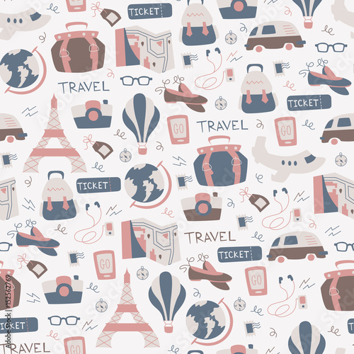 Naklejka - mata magnetyczna na lodówkę Hand Drawn Travel Seamless Pattern.