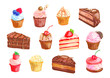 Cake and cupcake dessert watercolor set design