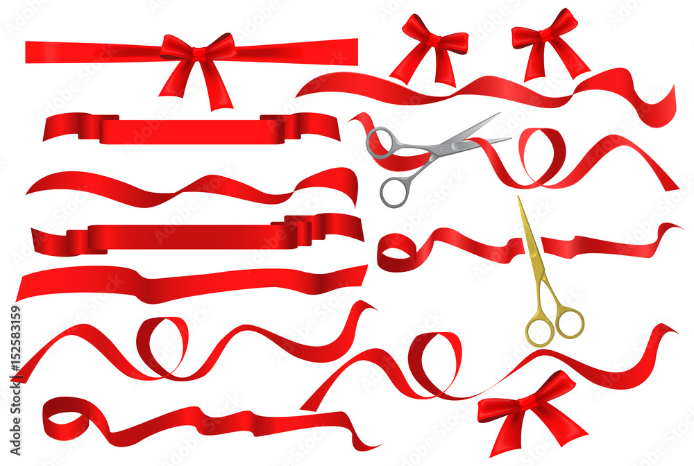 Metal chrome and golden scissors cutting red silk ribbon. Realistic opening ceremony symbols Tapes ribbons and scissors set. Grand opening inauguration event public ceremony. - obrazy, fototapety, plakaty 