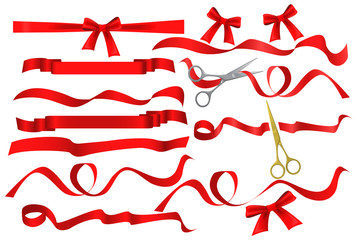 Metal chrome and golden scissors cutting red silk ribbon. Realistic opening ceremony symbols Tapes ribbons and scissors set. Grand opening inauguration event public ceremony.