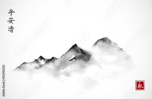 Plakaty mgła   gory-we-mgle-recznie-rysowane-tuszem-w-minimalistycznym-stylu-na-bialym-tle-tradycyjny-orientalny