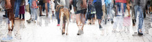 City Walk, Double Exposure Of A Large Crowd Of People And A Dog, Abstract Panorama Bannerfor Website Header