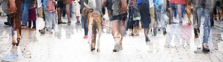 city walk, double exposure of a large crowd of people and a dog, abstract panorama bannerfor website