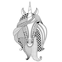 Hand-drawn Unicorn. Coloring Book For Adults, Vector Illustration, Isolated On A White Background.