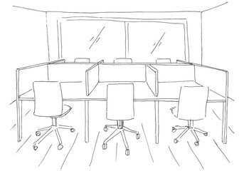 Fototapete - Open Space office. Workplaces outdoors. Tables, chairs and windows. Vector illustration in a sketch style.