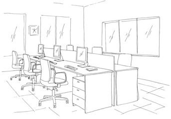 Fototapete - Open Space office. Workplaces outdoors. Tables, chairs and windows. Vector illustration in a sketch style.