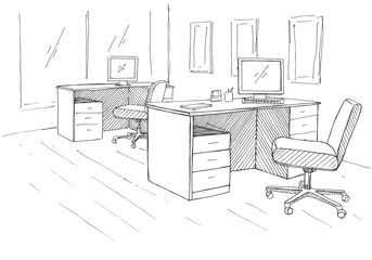 Fototapete - Open Space office. Workplaces outdoors. Tables, chairs and windows. Vector illustration in a sketch style.